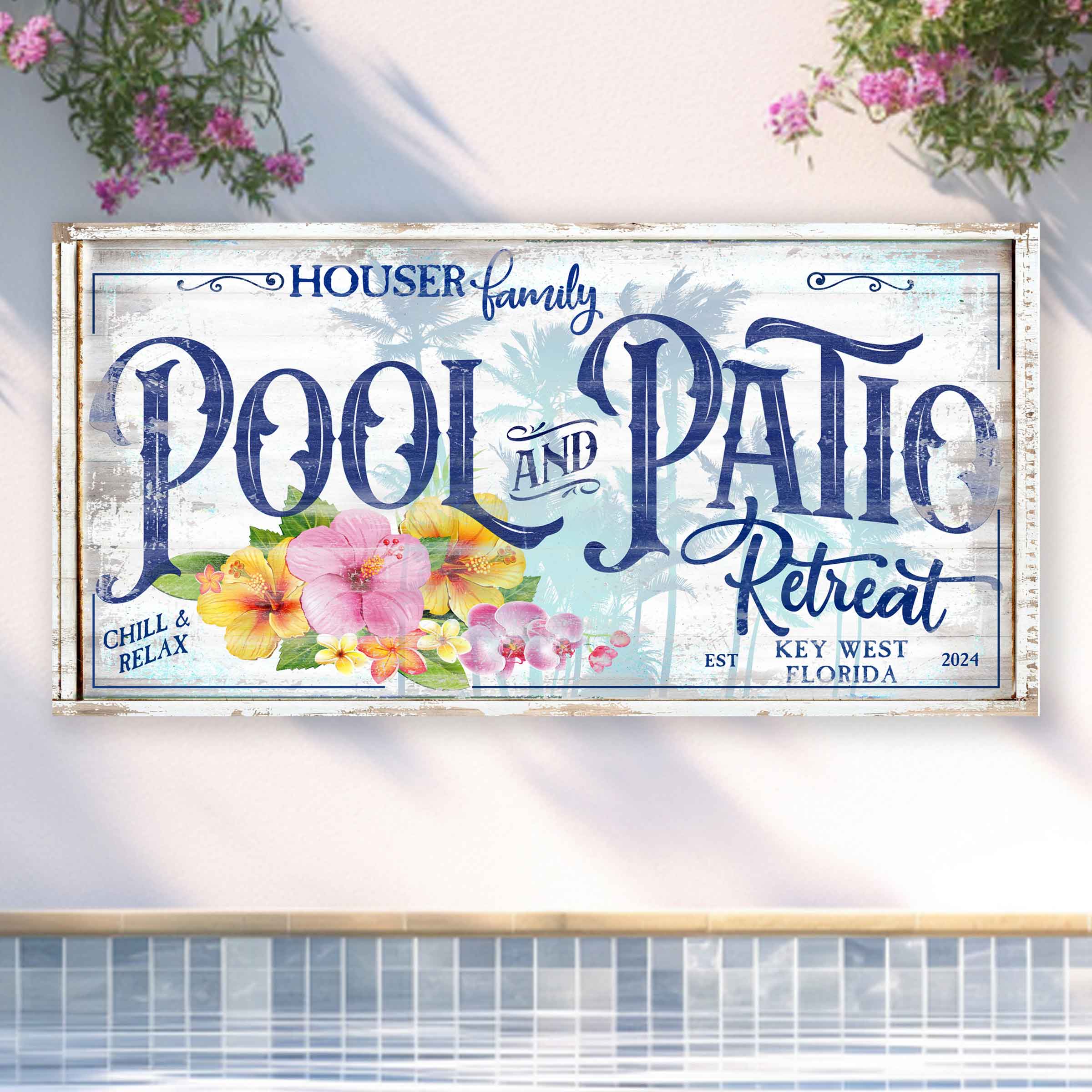 Pool and Patio Sign that says family name and pool and Patio in big words retreat, with city and state