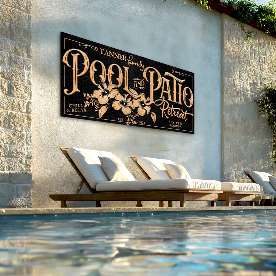 Pool and Patio decor sign in gold letters and hibiscus flowers on textured background