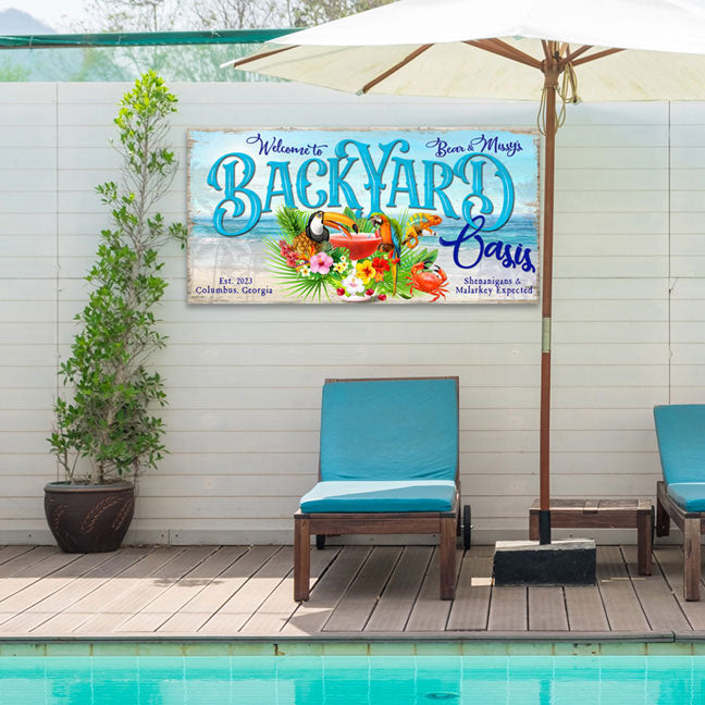 Pool Sign, Pool and Patio Sign with ocean in background and Birds drinking from the straw of a Margarita with the words Back Yard Oasis