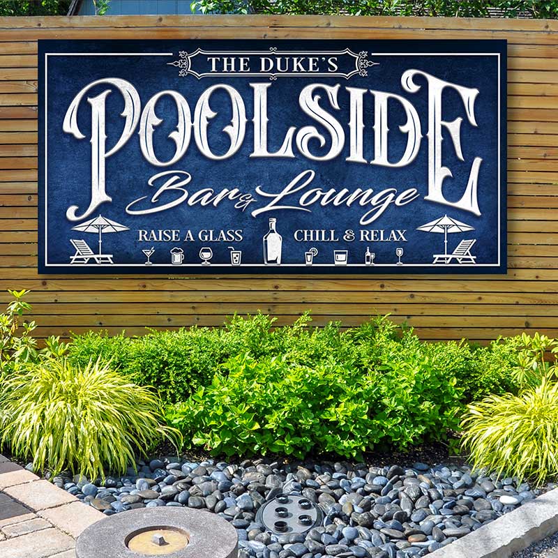 pool and patio sign in dark blue with white letters.