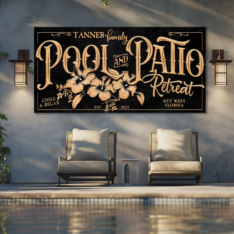 Pool and patio sign that is on black textured background with the words Pool and Patio display large with flowers underneath and personalization of name and city and state, made by tailor made rooms