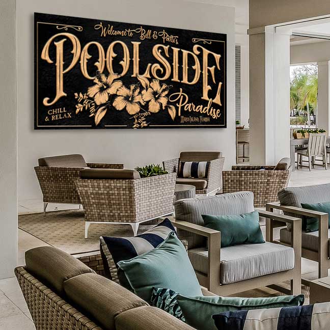 pool-and-patio-sign on black textured background with the words Poolside Paradise with flowers underneath.