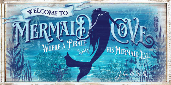 pool sign with a mermaid surfacing to the top of the water with the words Welcome to mermaid cove.