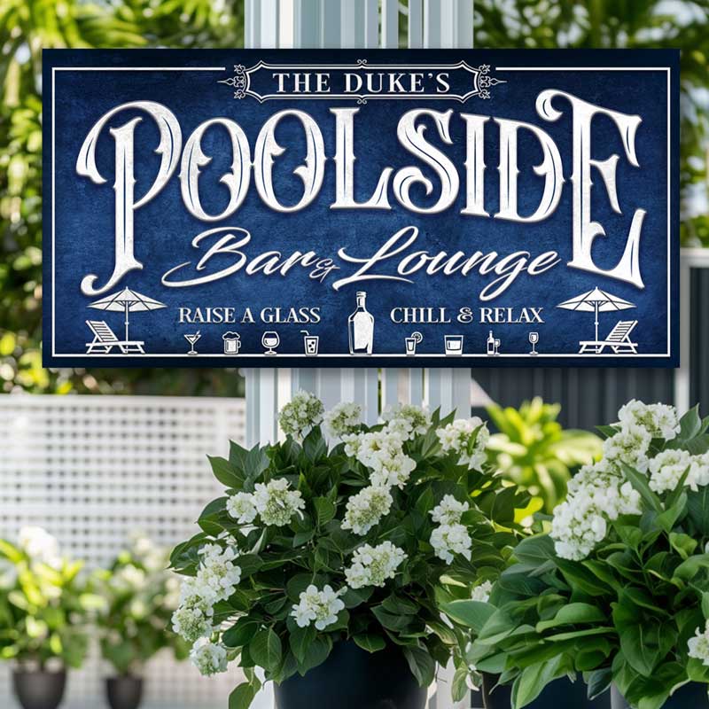 Pool and patio sign in dark blue textured background with the words poolside barn and lounge