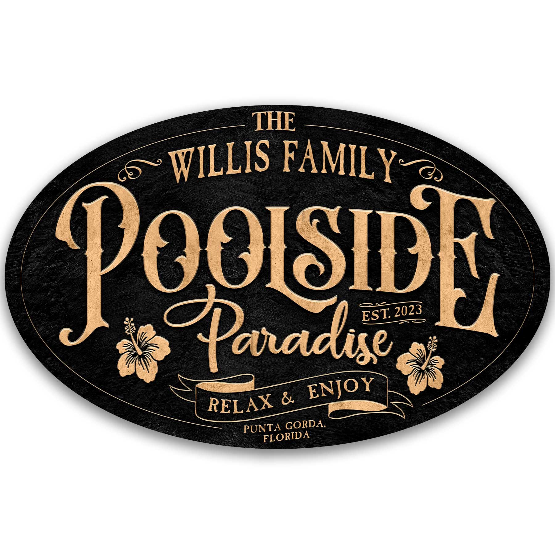 pool and patio sign that says poolside paradise on black metal oval metal signs