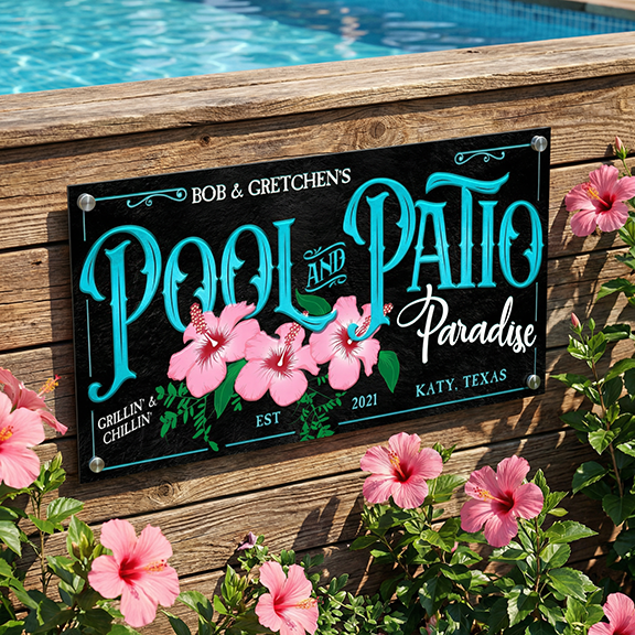 pool and patio signs in pink and teal with pink hibiscus.