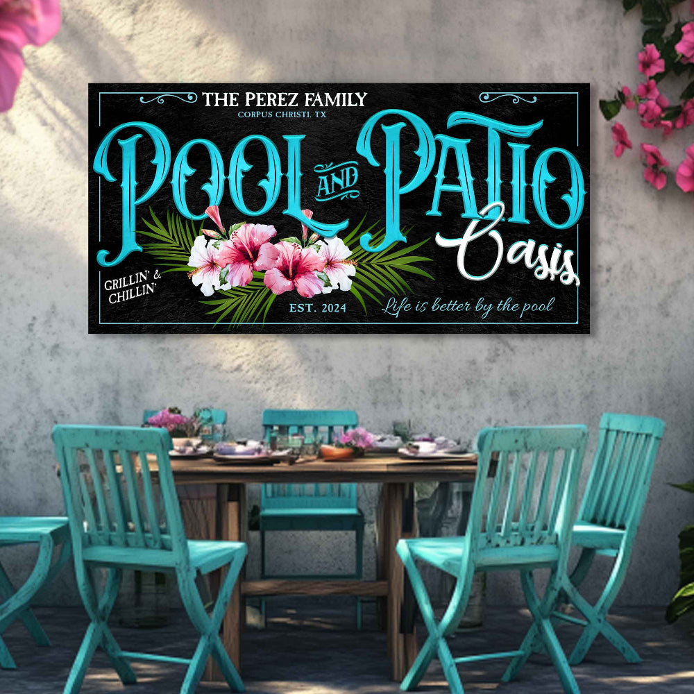 pool and patio signs in with pink hibiscus flowers and the words Pool and Patio Oasis