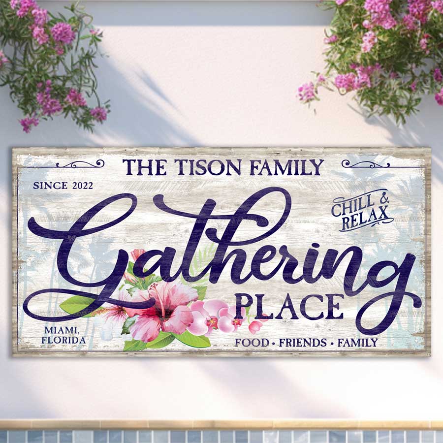 pool and Patio  sign with family name and the words the Gathering place