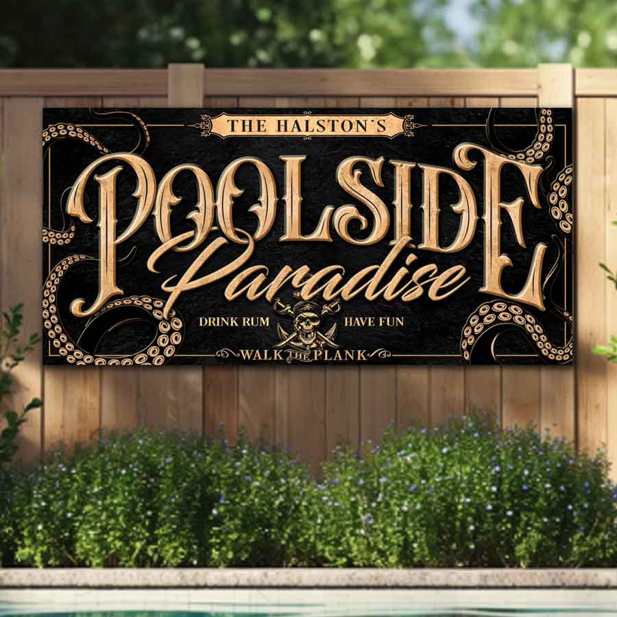 pool and patio sign with black textured background with gold letters that say Poolside Paradise - Drink Rum - Have fun