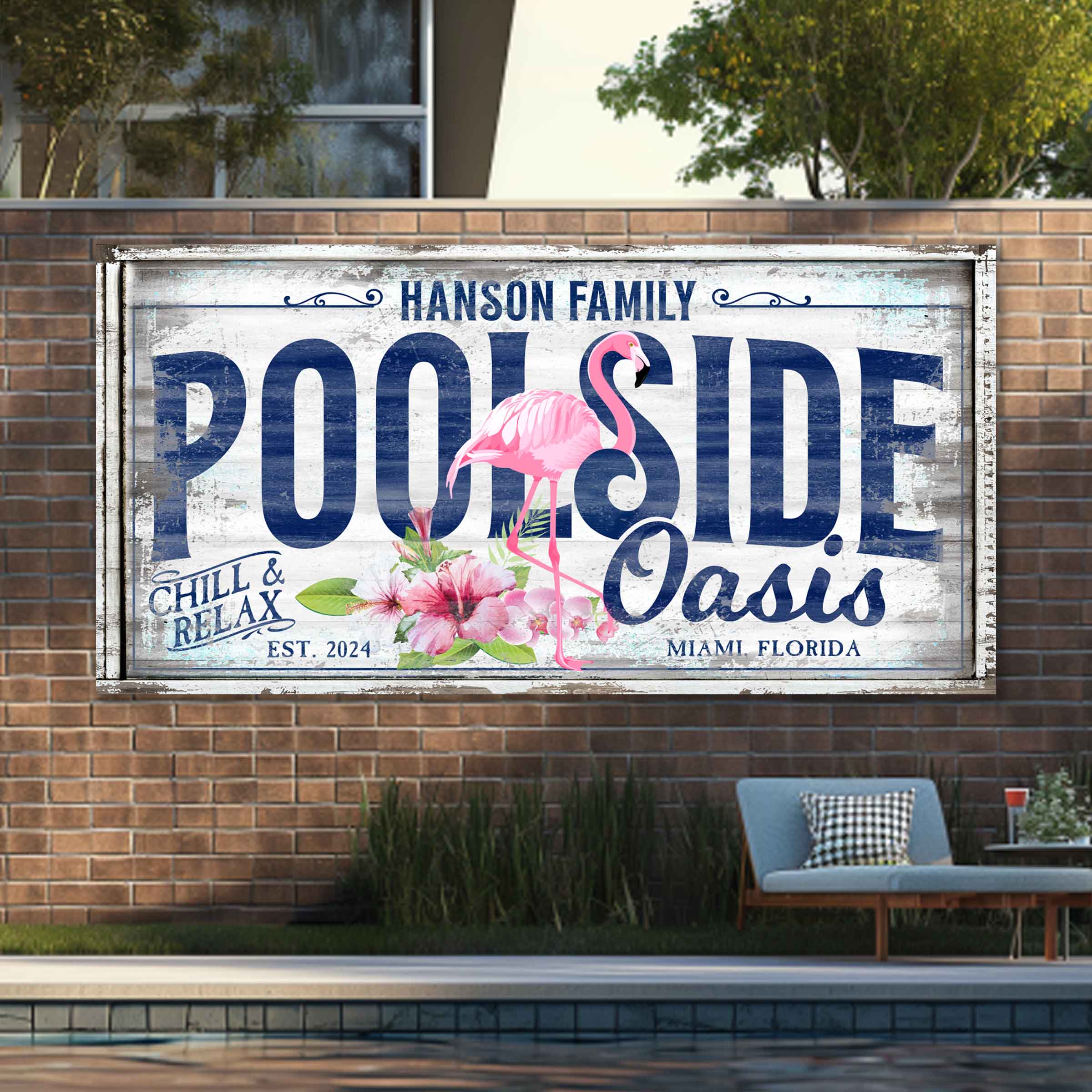 pool and patio sign on white washed background with the words poolside Oasis featuring a pink flamingo.