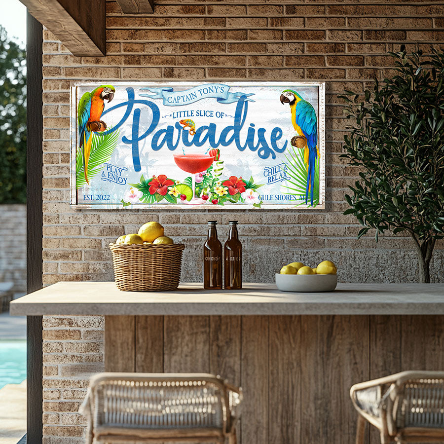 Pool and patio tiki bar sign witht he words little slice of paradise with personalization
