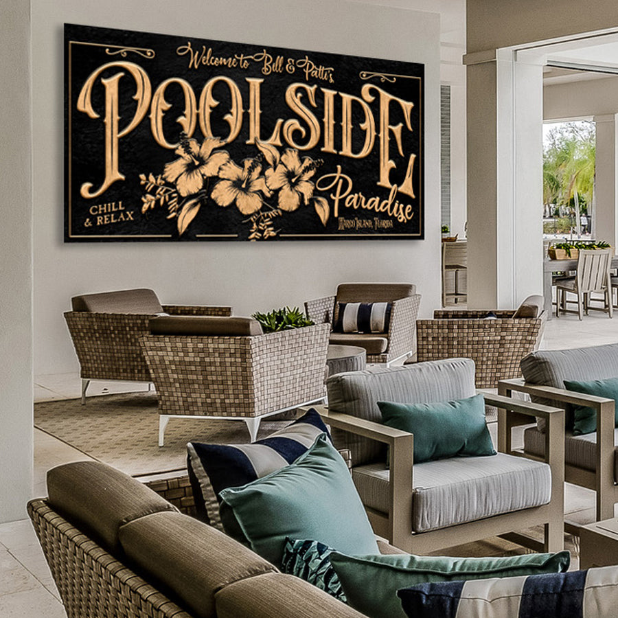 pool decor sign on black textured background on a wall with the words Poolside Paradise in gold lettering