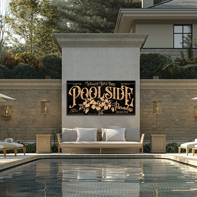 pool-sign-patio- sign on black textured background on a wall with the words Poolside Paradise in gold lettering