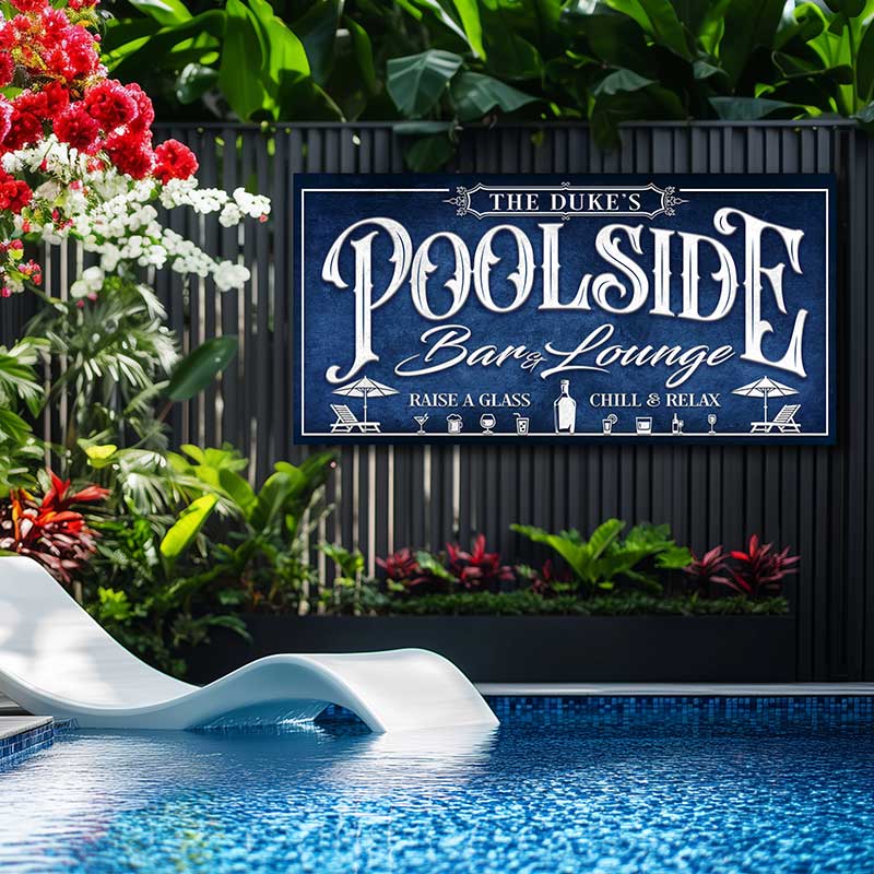 pool sign in dark blue background with white lettering that says Poolside Barn and Lounge