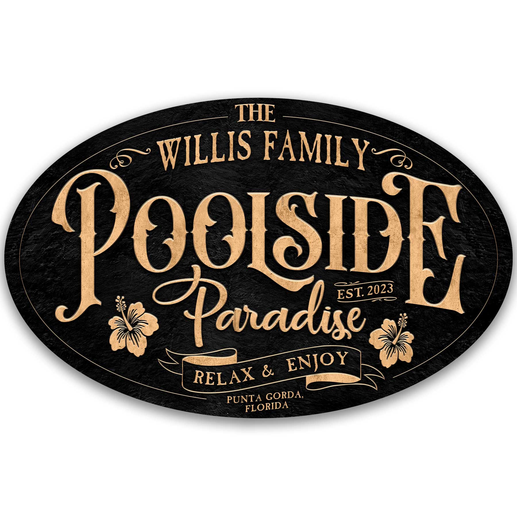 pool sign that says poolside paradise on black metal oval metal signs