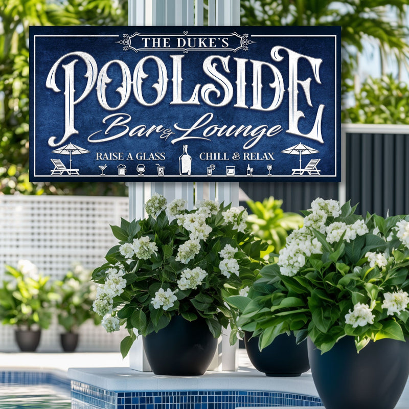 pool signs with dark blue texture and white letters that say poolside bar and lounge