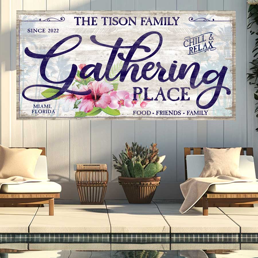 Pool signs with family name and the words the Gathering place