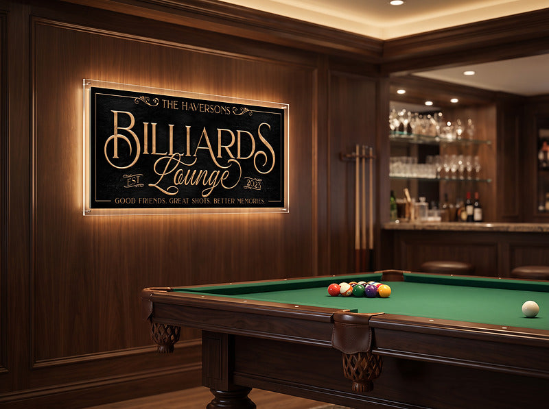 Pool table art in Victorian gold lettering on a wood panel wall above a billiards table and cue rack
