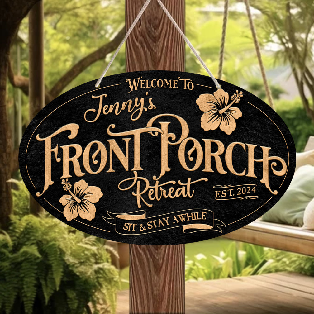 porch sign on black textured background in the shape of a oval personalized