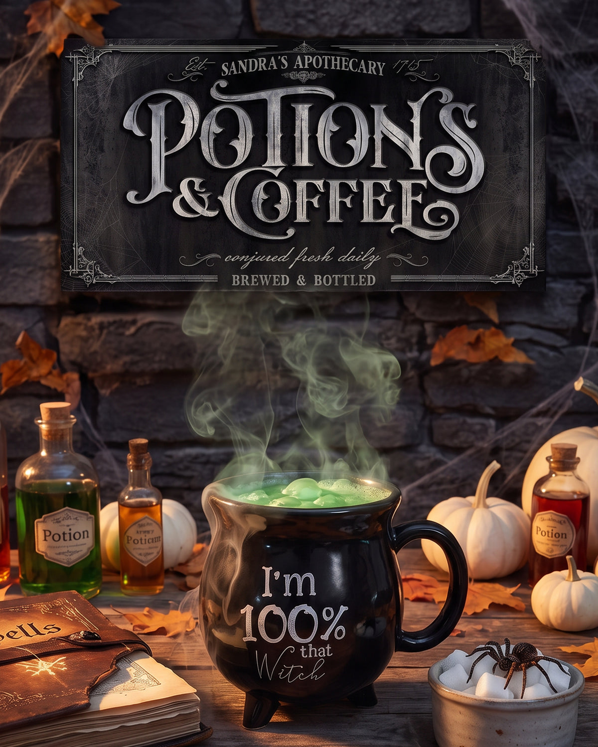 Potions and Coffee sign above a green cauldron mug, potion bottles, white pumpkins and a spider