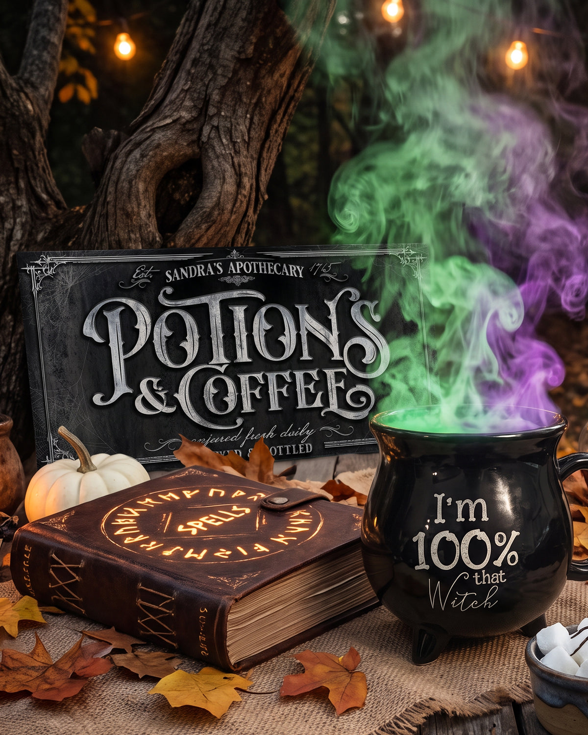 Potions and Coffee sign beside green and purple potion smoke, a spell book and a cauldron mug