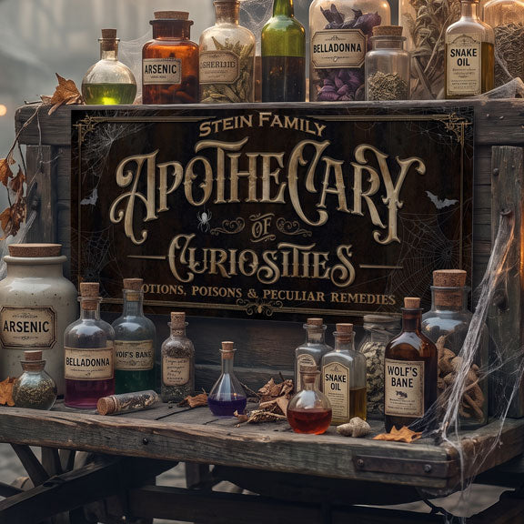 Potions and poisons sign, vintage apothecary halloween decor with arsenic, belladonna and wolf's bane bottles