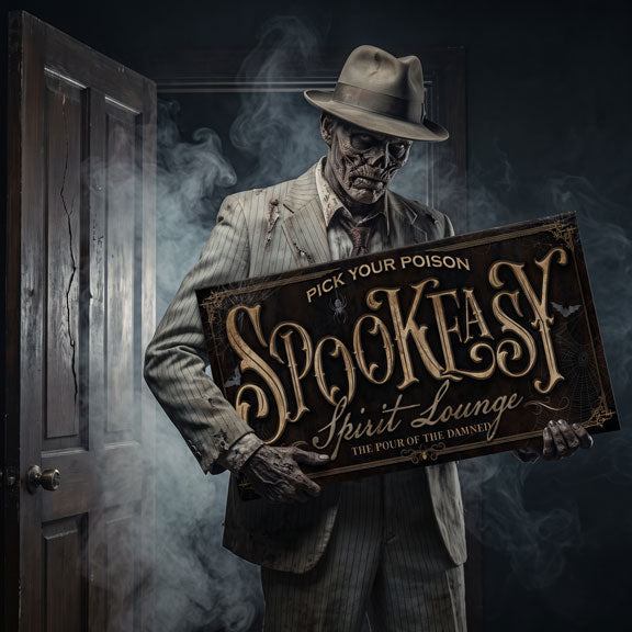 Pour of the Damned worn gold Spookeasy Spirit Lounge Halloween bar sign