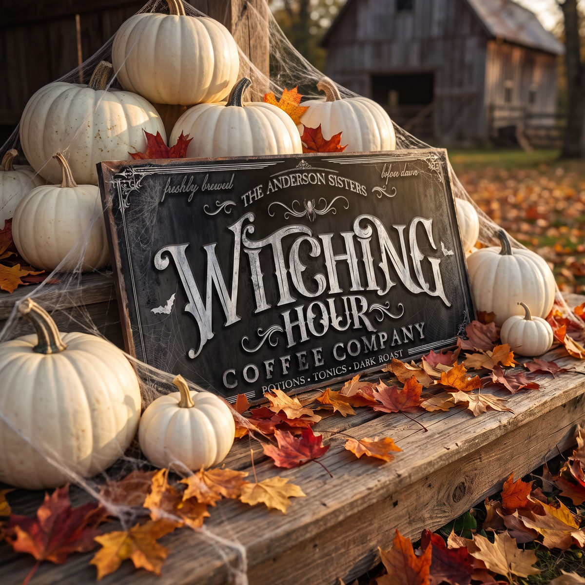 Witching Hour coffee sign outdoors on a rustic bench with white pumpkins and autumn leaves