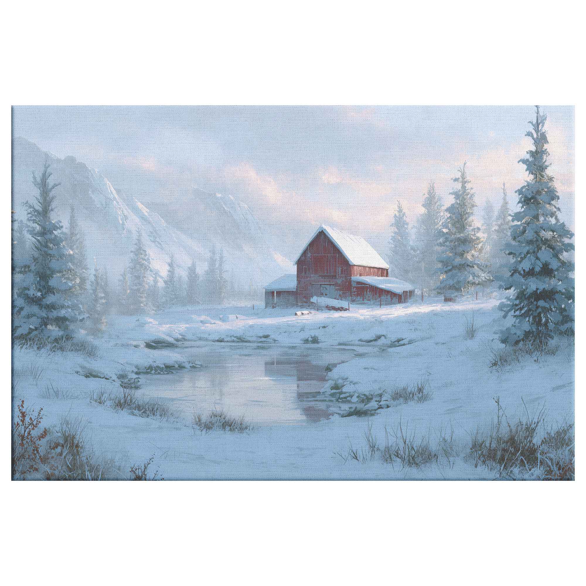 red barn mountain art canvas with pond in front