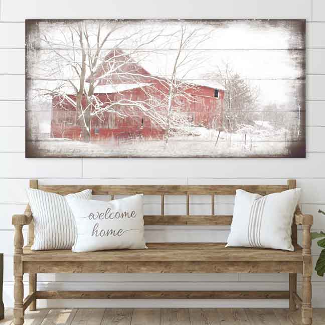 Red Barn Art on faux rustic wood canvas, red barn in the snow.