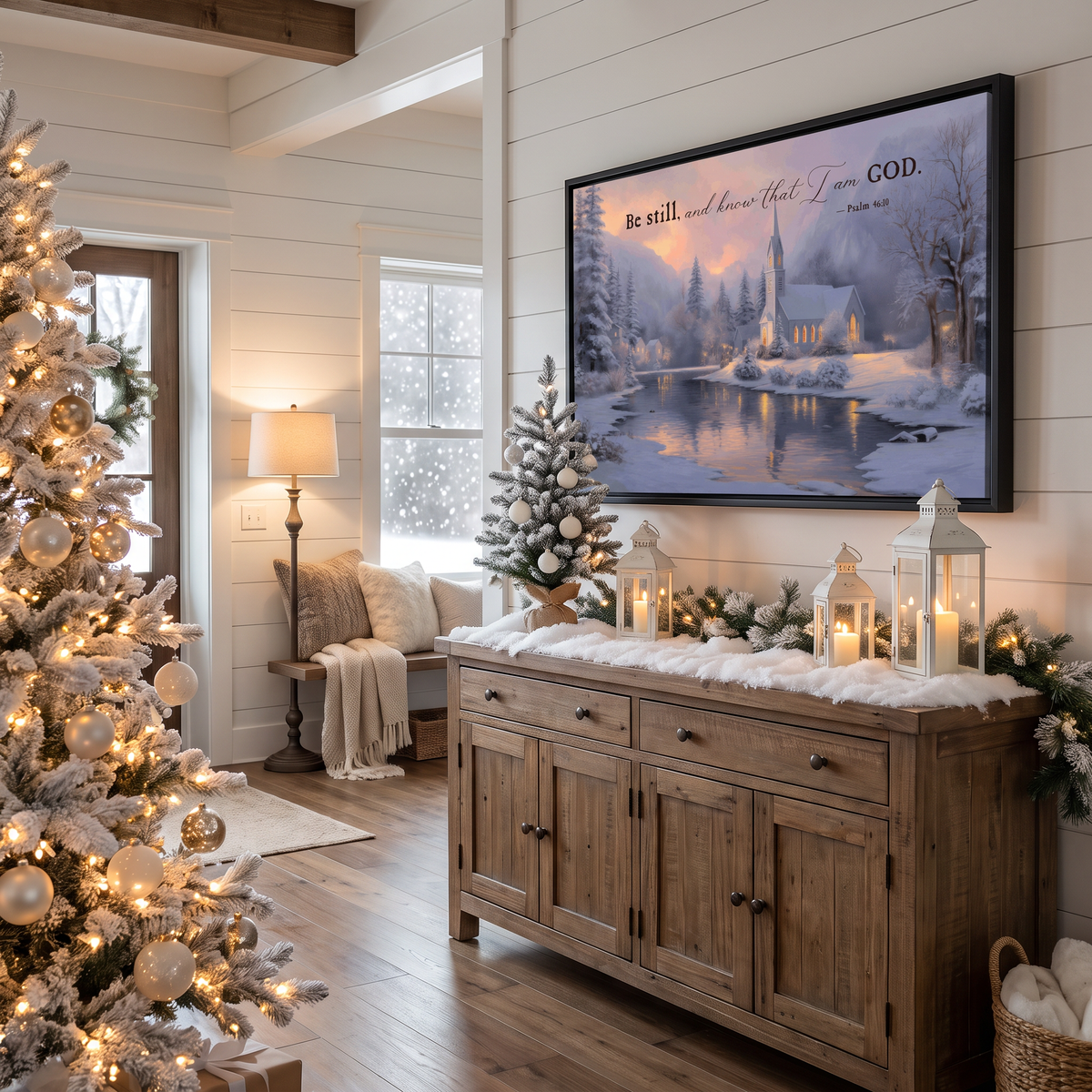 Religious canvas wall art on shiplap in a bright living room with a wood sideboard and window seat