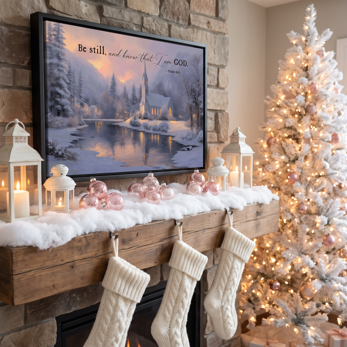 Religious wall art of a winter church above a stone fireplace with cream stockings and blush ornaments
