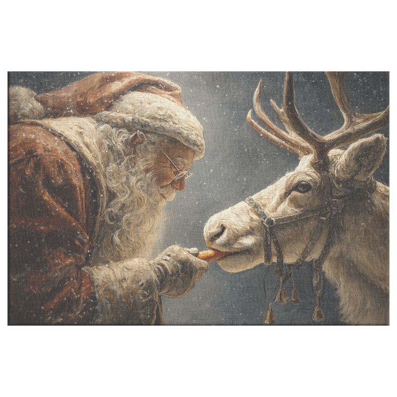 Vintage Santa Feeding reindeer a carrot on canvas.

