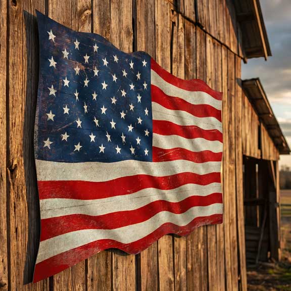 American flag hanging on a wooden building