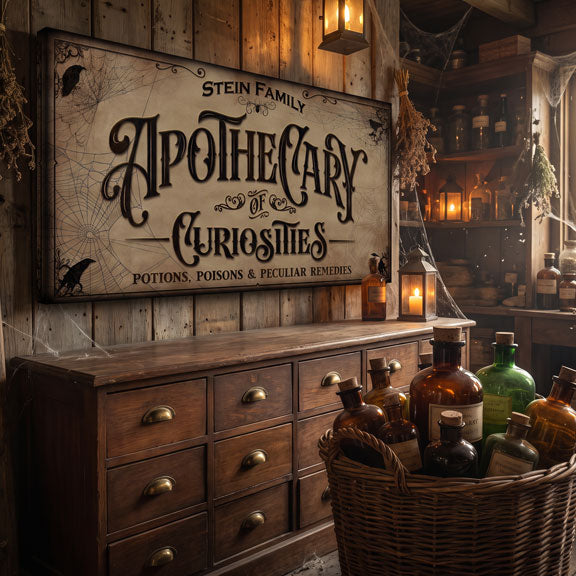 Rustic apothecary sign personalized with the Stein family name, hung above a wooden apothecary chest of bottles