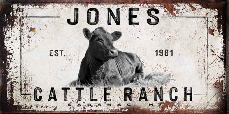 Rustic Cattle ranch decor with a cow seating in the grass, personalized with name and est. date