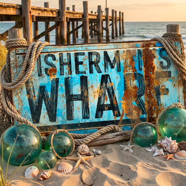 A rustic coastal wall sign weathered blue and black 'Fisherman's Wharf' wooden sign wrapped in rope, placed on a sandy beach with green glass buoys, starfish, and shells in the foreground, and a wooden pier in the background.