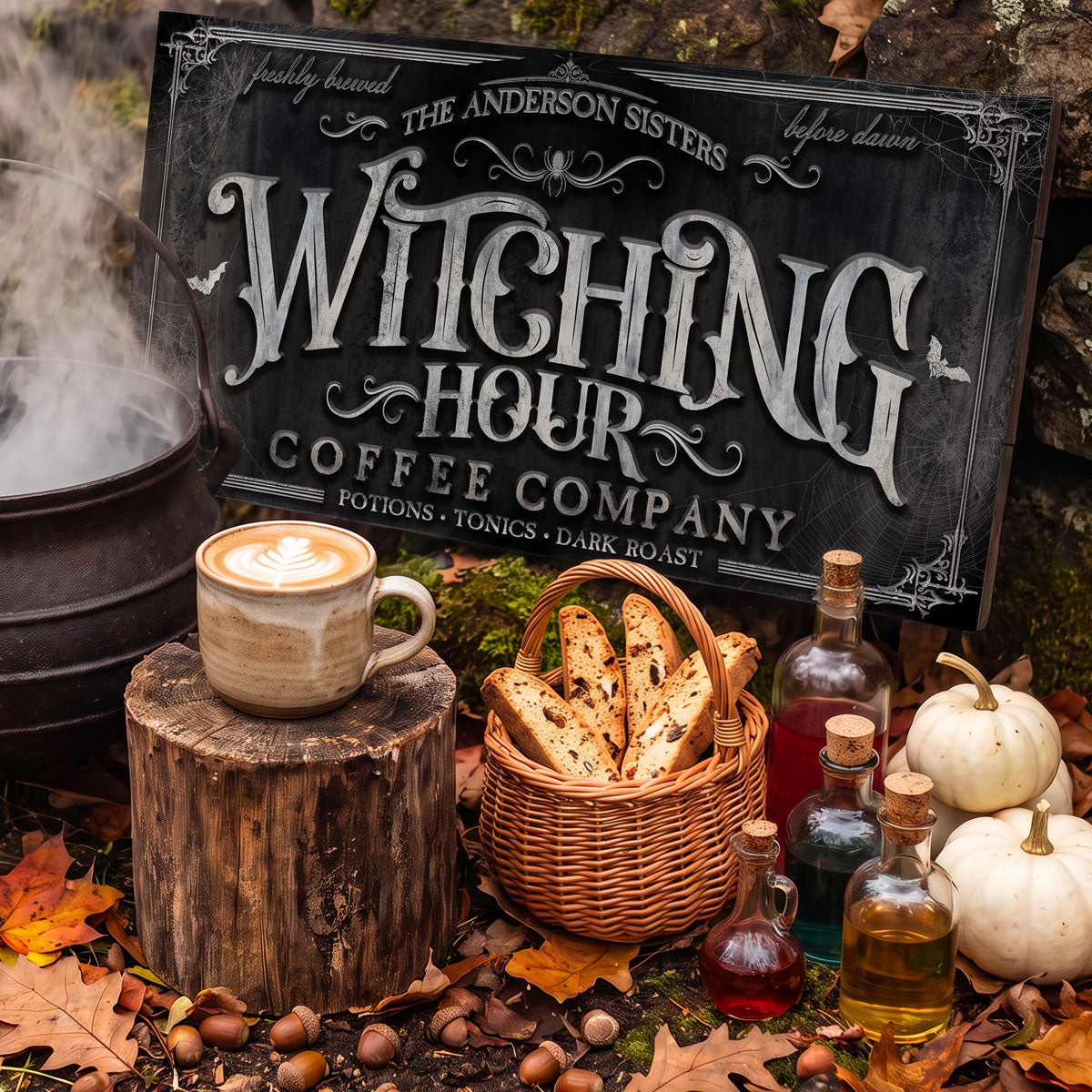 Witching Hour coffee sign with a latte on a tree stump, biscotti basket, potion bottles and white pumpkins