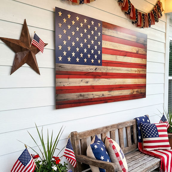Wooden American flag on a white wall with a wooden bench and decorative items.
