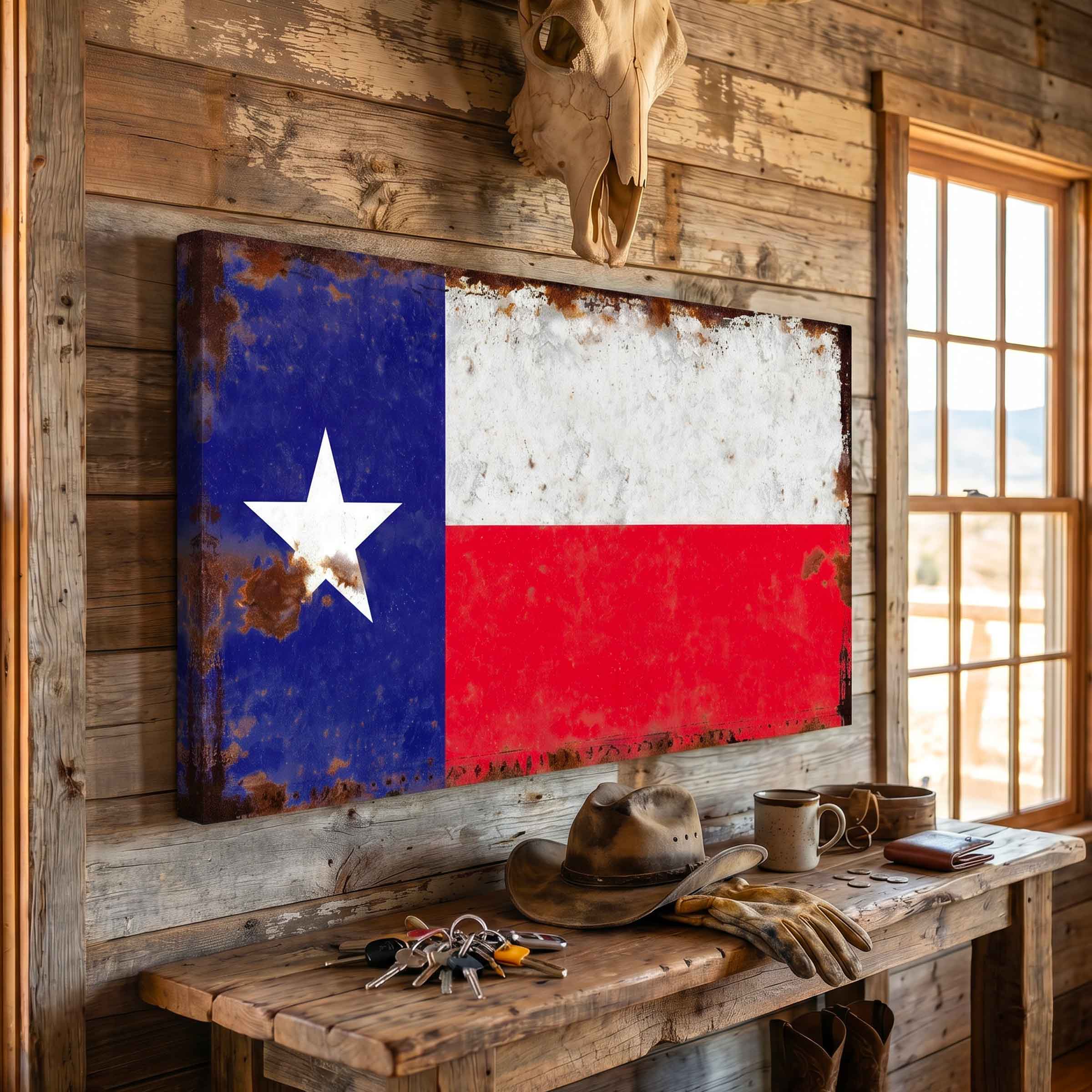 Rusty Texas Flag wall art of the Texas state flag hangs on a wooden wall in a cabin-style room. A wooden bench below holds a cowboy hat, gloves, keys, and a mug, with a mounted animal skull above the canvas.