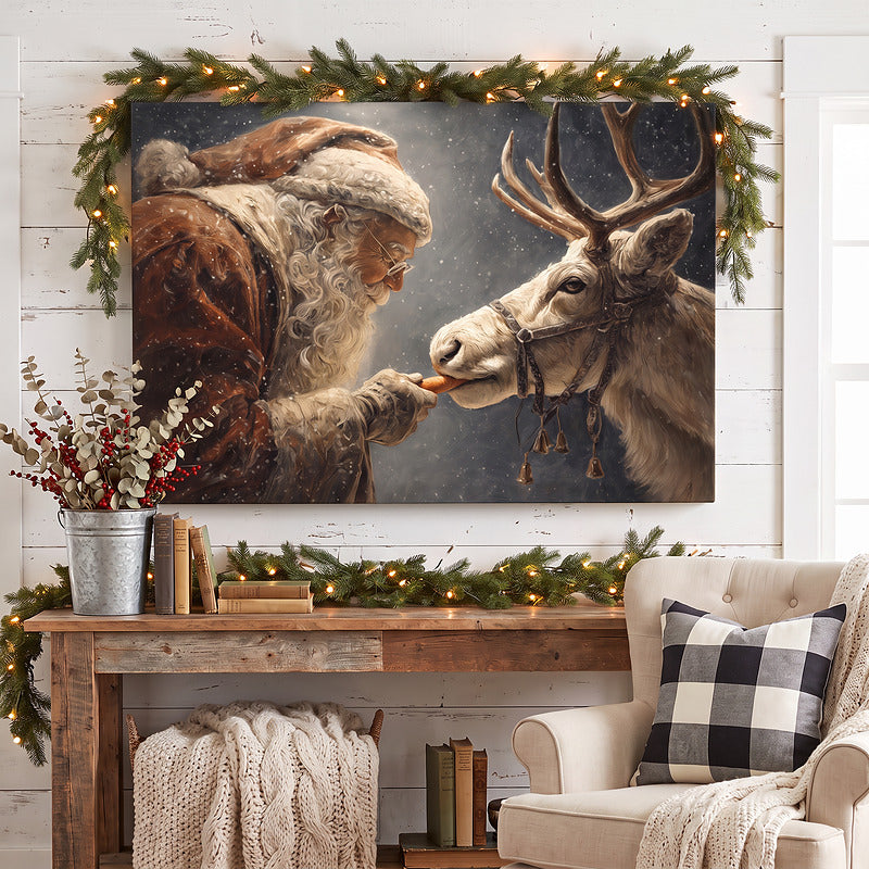 Santa and reindeer painting on unframed canvas above a rustic console with lit garland, eucalyptus and a check cushion