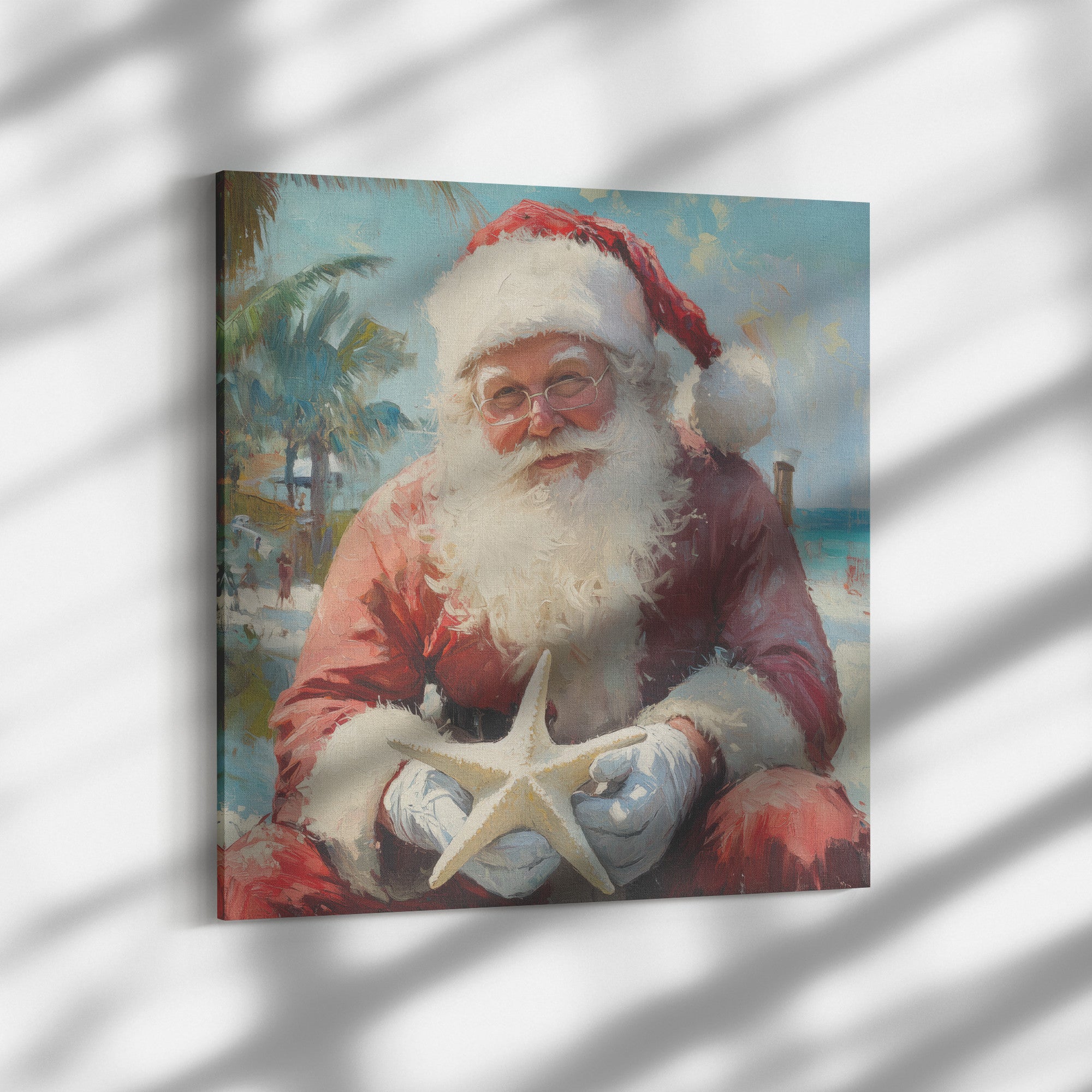 santa art of a coastal santa holding a starfish on the beach