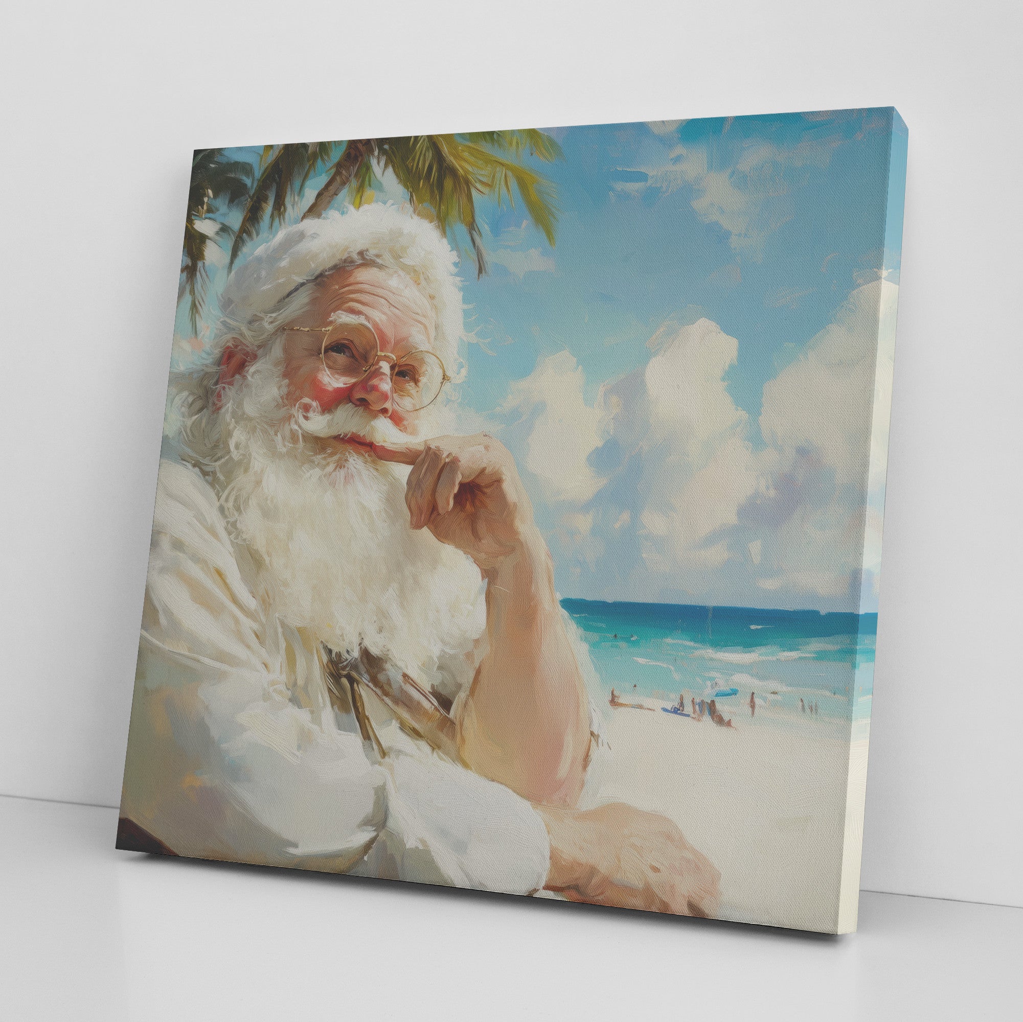 santa art coastal with santa sitting on the beach in casual entire.