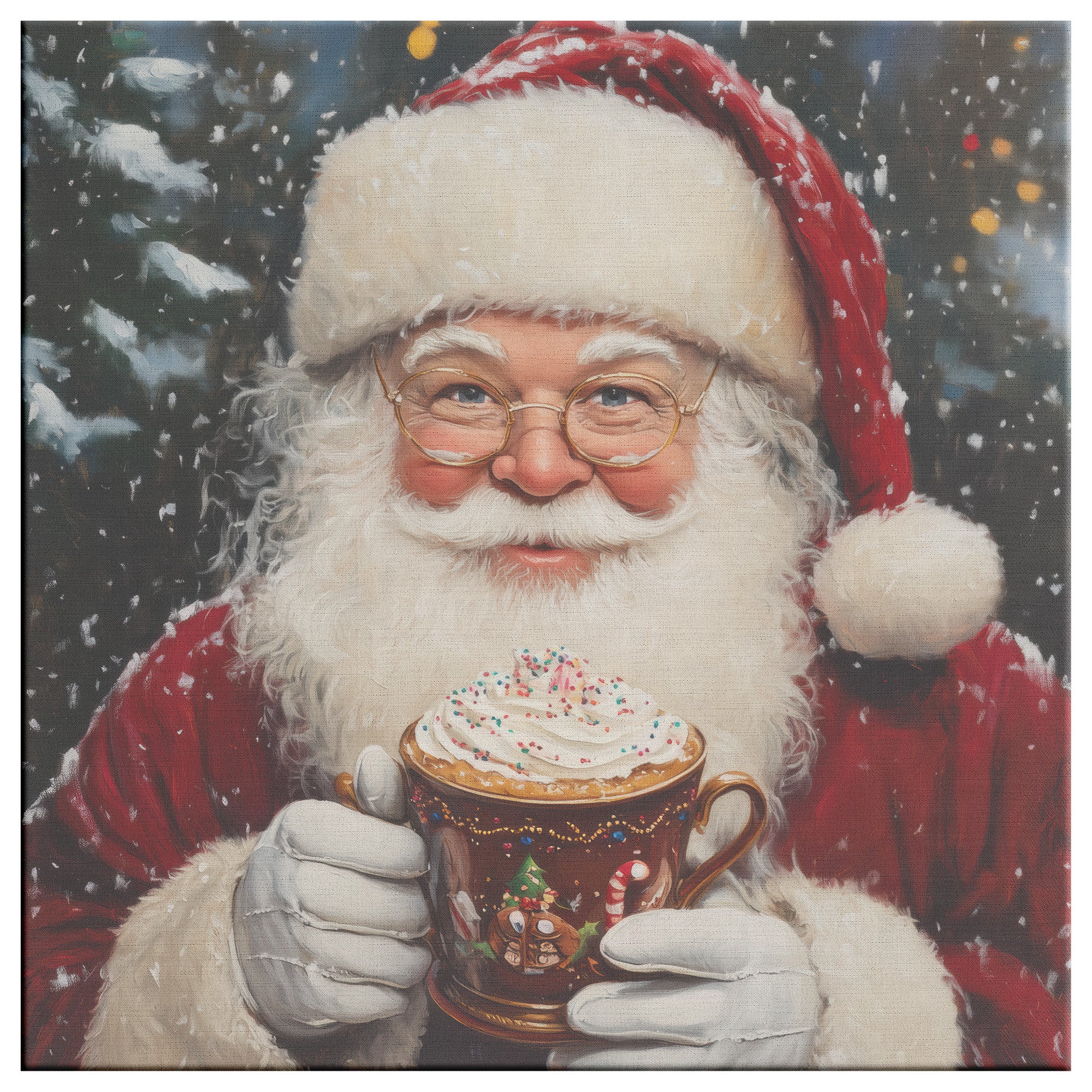 Santa drinking hot chocolate looking at camera