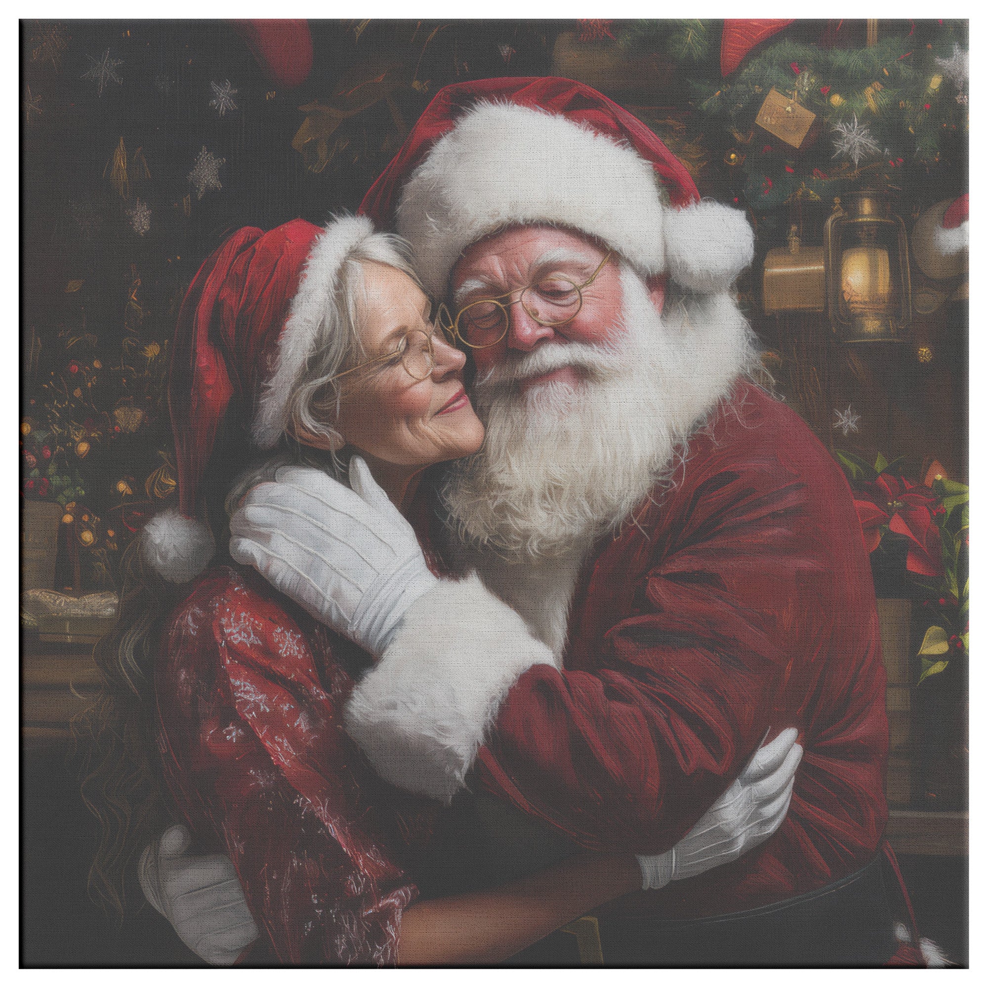 santa art print of a warm embrace before heading out to delivery the gifts.