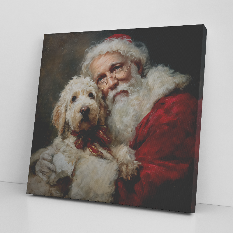 Santa art prints with Goldendoodle, classic santa art on canvas
