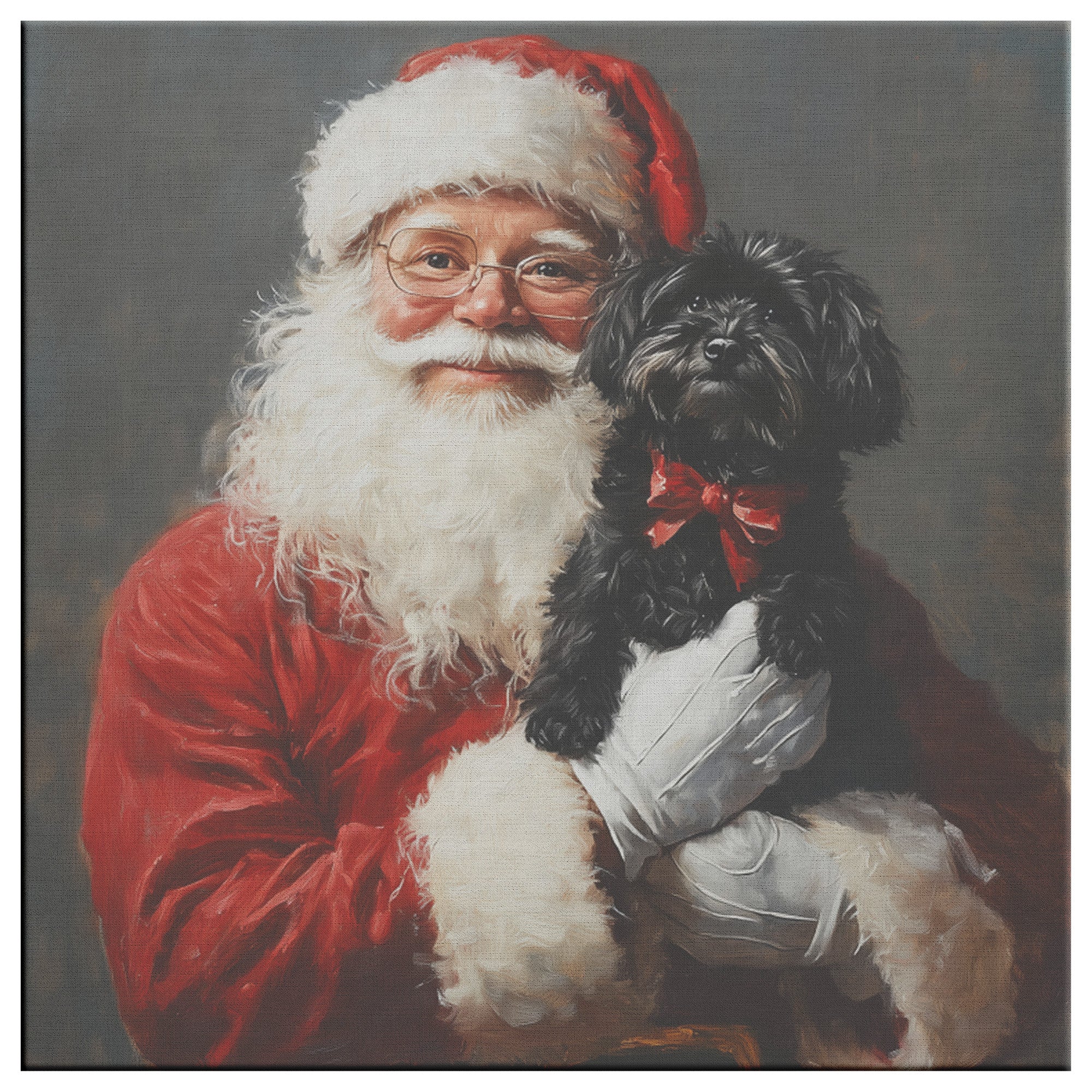 santa art holding a black cockapoo puppy