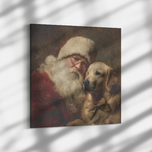 Santa art with golden retriever, classic portrait