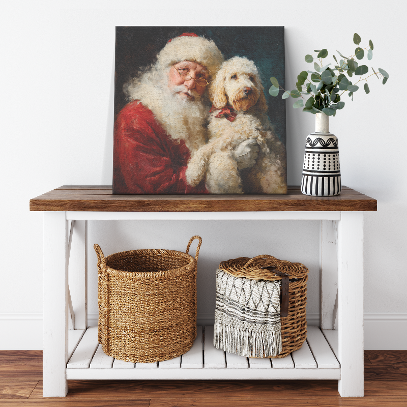 Santa Art with Goldendoodle in nostalgic holiday painting