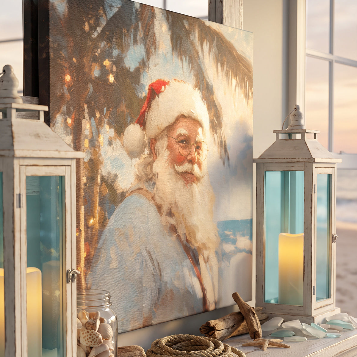 Santa at the beach canvas among palms at sunset, on a console with white lanterns by an ocean window